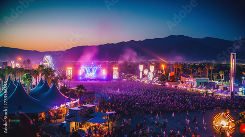 Festival Vibes: Electric Night Scene with Crowds Enjoying Live Music, Colorful Stage Lights, and Ferris Wheel at a Renowned Music Festival