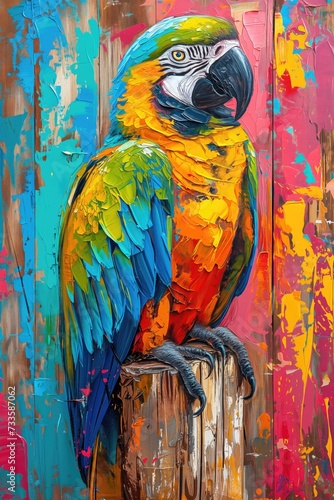 Macaw Parrot Wood Panel Painting, Tropical Bird Art, Weathered Aged Distressed Street Art, Vertical Pet and Animal Background Backdrop photo