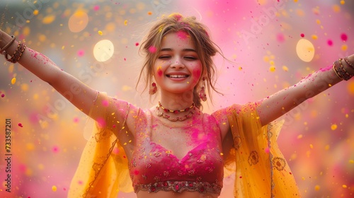 Joyful Woman Celebrating the Holi Festival With Colorful Powder in the Air