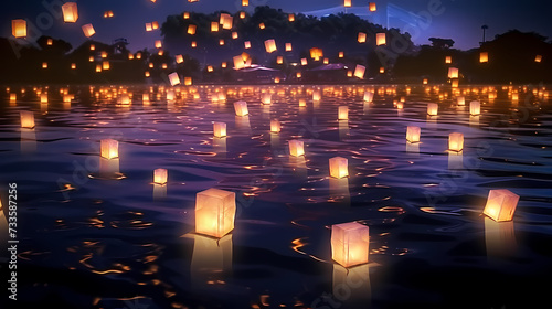 Photographing krathong floating gently on the water, Thailand Loy Krathong Festival