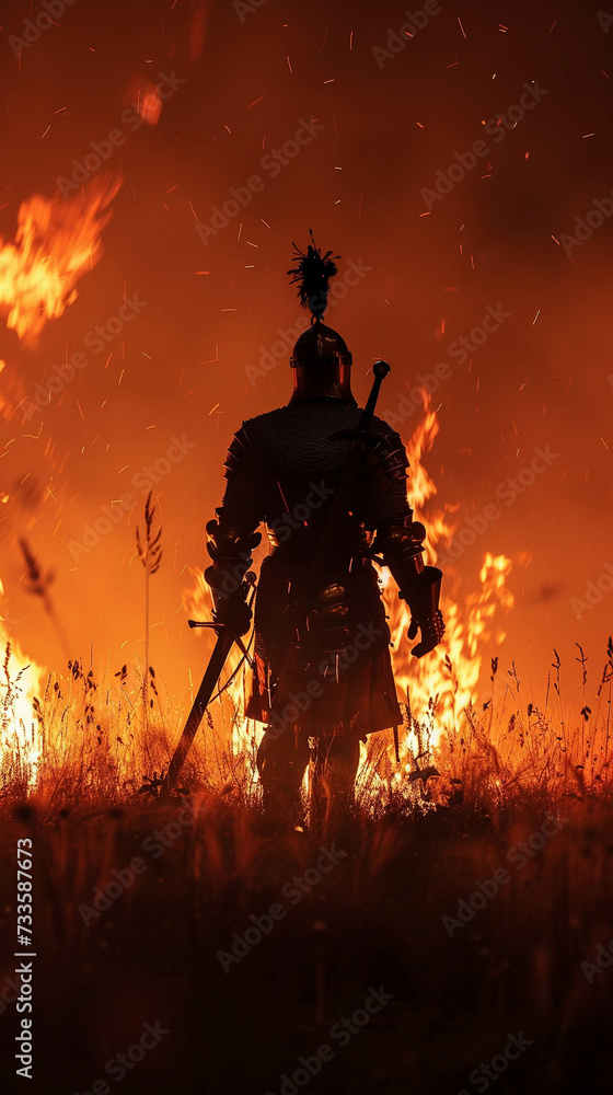 A knight kings silhouette against a fire-ravaged wheat plantation