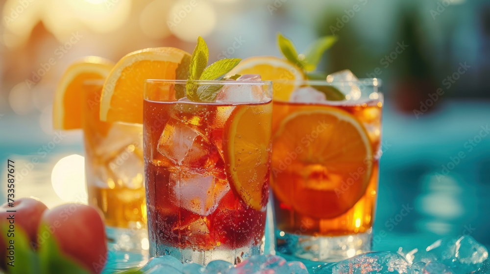 Refreshing cocktails garnished with fresh fruit and mint, served poolside under bright, sunny skies. Refreshing cocktails garnished with fresh fruit and mint, served poolside under bright, sunny skies.