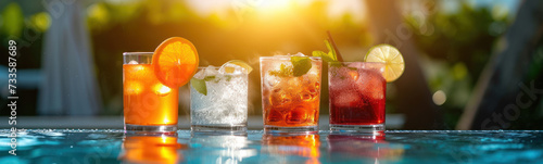 Refreshing citrus cocktails with ice, served outdoors in a sun-drenched garden setting with natural greenery.