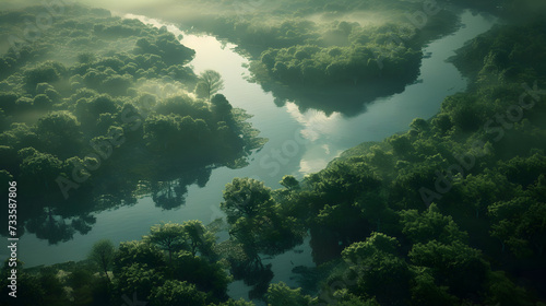 an aerial view of a forest with a tranquil river meandering through the lush landscape, offering a serene and picturesque view