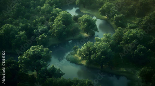 an aerial view of a forest with a tranquil river meandering through the lush landscape  offering a serene and picturesque view