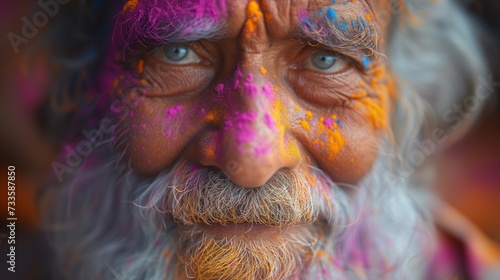 Elderly Man With Beard Celebrating Holi Festival With Vibrant Colors on His Face