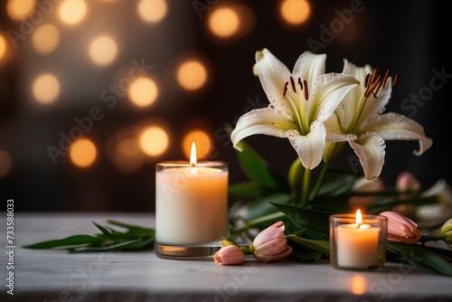 Funeral. Beautiful lilies and burning candle on light blurred background