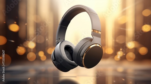A black headphone with a light blurred background.