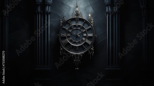A black clock with Roman numerals hanging on a dark wall in a dark room.