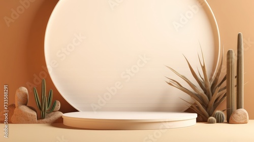 A 3D rendering of a round podium with a cactus plant on it. 