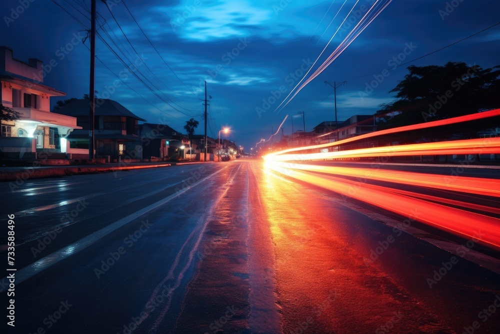 Abstract long exposure dynamic speed light in rural city road,  Cars on night highway with colorful light trails, Ai generated