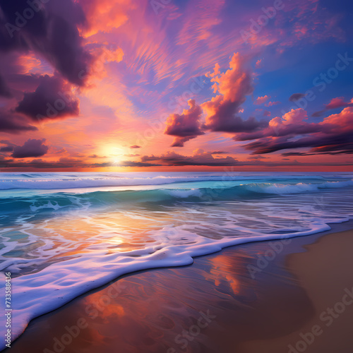 A serene beach sunset with vibrant colors. © Cao
