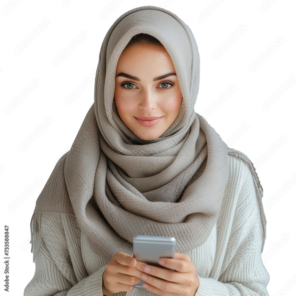 Smiling portrait of a businesswoman of arab descent wearing a hijab while using mobile phone isolated on white background. Smiling portrait of a businesswoman of arab descent wearing a hijab while using mobile phone isolated on white background.