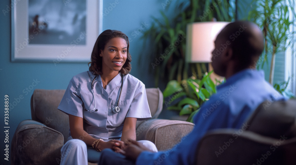 Mental Health Nurse Session: A mental health nurse providing compassionate care and counseling to a patient in a calm, welcoming office setting, emphasizing the importance of mental health care. Mental Health Nurse Session: A mental health nurse providing compassionate care and counseling to a patient in a calm, welcoming office setting, emphasizing the importance of mental health care.