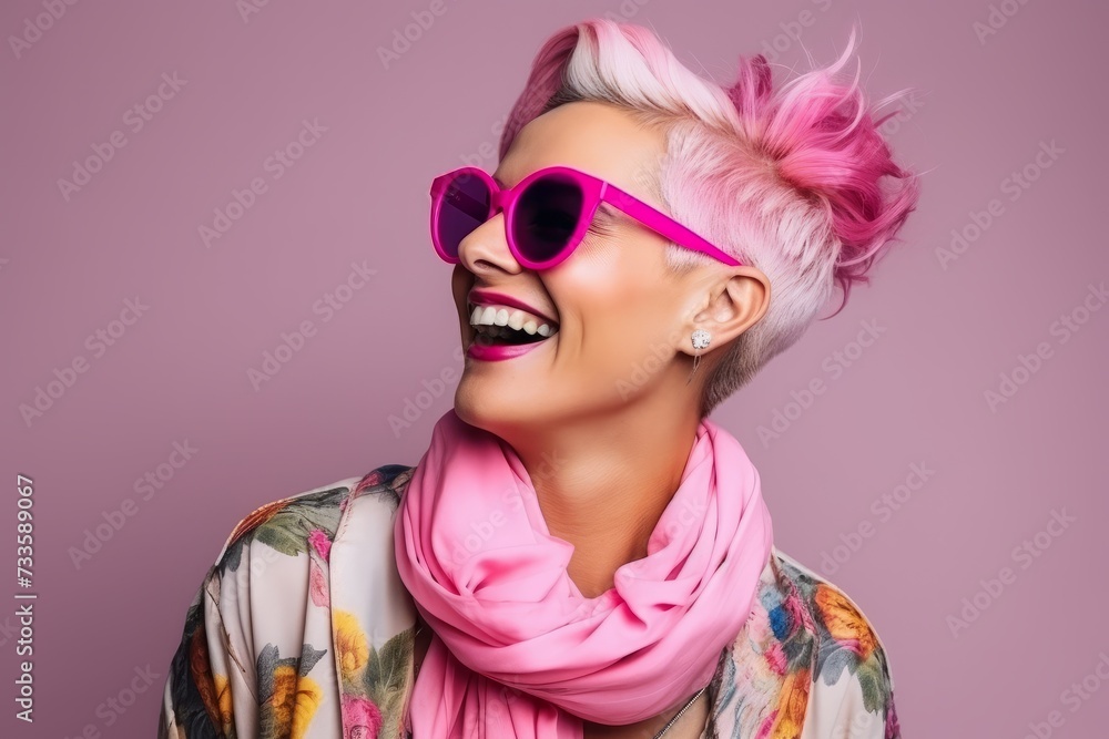 Fashion portrait of a beautiful young woman with pink hair and sunglasses Fashion portrait of a beautiful young woman with pink hair and sunglasses
