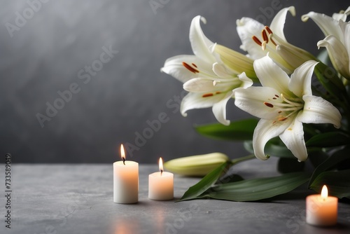 Funeral. White lily and burning candles on grey background