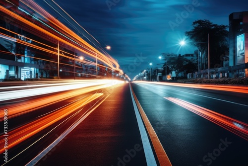 Abstract long exposure dynamic speed light in rural city road, Cars on night highway with colorful light trails, Ai generated