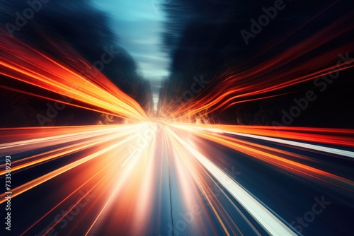 Abstract long exposure dynamic speed light in rural city road, Cars on night highway with colorful light trails, Ai generated