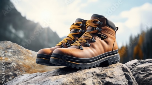 A pair of hiking boots on a gray rock. 