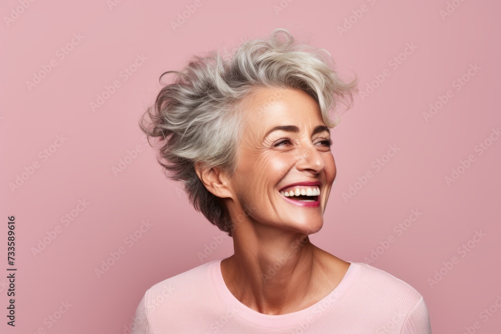 Portrait of smiling senior woman with short grey hair on pink background Portrait of smiling senior woman with short grey hair on pink background