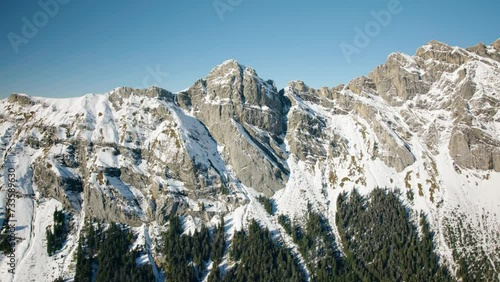 Snowy Summit And Cliff Of Diablerets Mountain Massif Near Solalex And Anzeinde In Vaud, Switzerland. - helicopter aerial shot photo