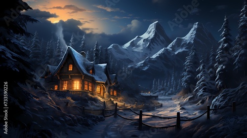 A cozy cabin nestled in a snowy forest, smoke rising from the chimney, and a faint trail of footprints leading towards the door ©  ALLAH LOVE