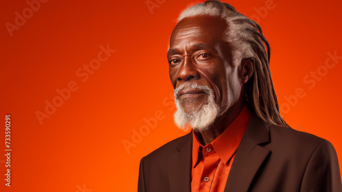 Handsome elderly black African American man with long dreadlocked hair, on an orange background, banner.