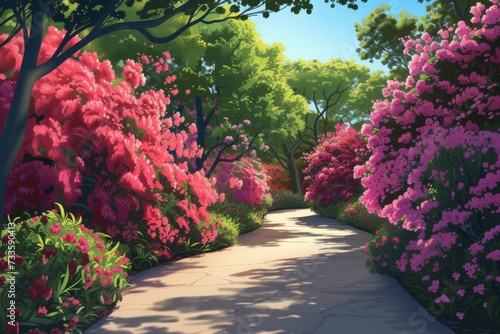 vibrant garden path winds through a lush field of colorful flowers, leading the eye towards a distant horizon photo