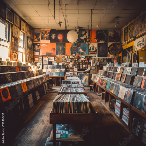 A vintage record store with shelves of vinyl records photo