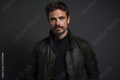 Portrait of a handsome bearded man in a leather jacket. Men's beauty, fashion. © Iigo
