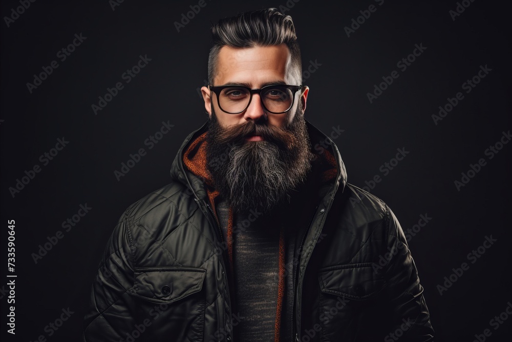 Portrait of a stylish bearded man in a black jacket and glasses. Portrait of a stylish bearded man in a black jacket and glasses.