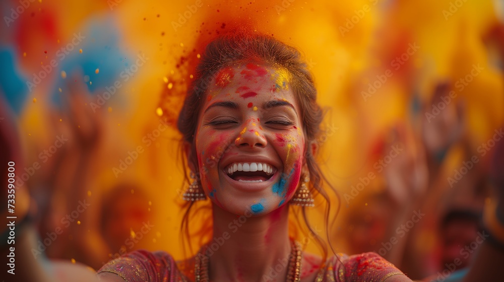 Woman Covered in Colored Powder, Holding Hands Up Woman Covered in Colored Powder, Holding Hands Up