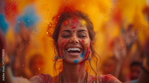 Woman Covered in Colored Powder, Holding Hands Up