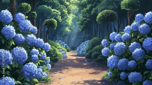 Sunlight filters through the leaves of towering trees, illuminating a meandering path lined with vibrant blue flowers