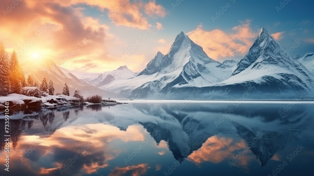 Sunrise in winter mountains. Mountain reflected in ice lake in morning sunlight. Amazing panoramic nature landscape in mountain valley. copy space for text.