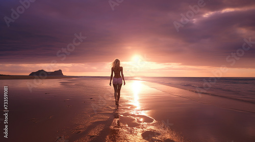 Happy Carefree Woman Enjoying Beautiful Sunset on the Beach pink light, soft colors, beautiful soft photo, stunning sand, clear water, amazing sky
