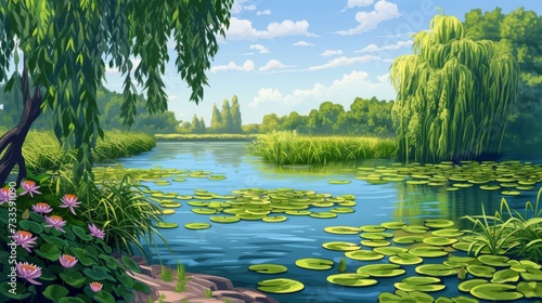 dreamlike digital painting showcasing a serene lake reflecting the vibrant colors of a sunset photo