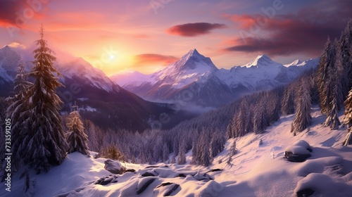 Sunset in winter landscape in mountains. Image of beautiful place. copy space for text.