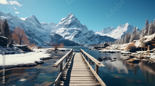A frozen lake with a wooden pier stretching out into the icy water, surrounded by snow-covered mountains and a clear blue sky above