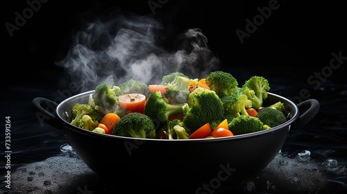 The steam from the vegetables carrot broccoli Cauliflower in a black bowl, a steaming. Boiled hot Healthy food on table on black background. copy space for text.