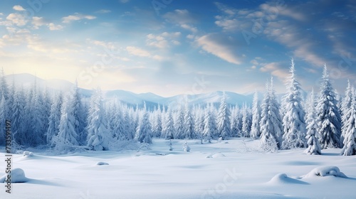 winter background of snow and frost with landscape of forest. Image of beautiful place. copy space for text.