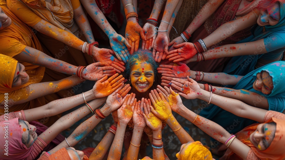 Group of People Covered in Yellow and Blue Paint