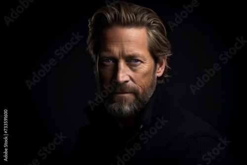 Portrait of a handsome mature man with a long gray beard and mustache. Studio shot against a black background.