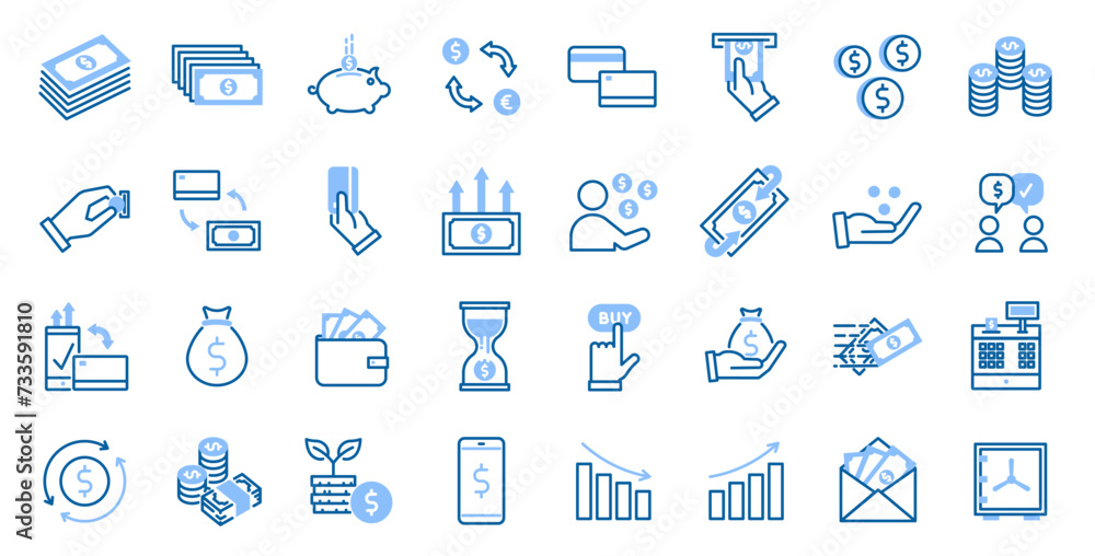 Money and finance icon set: 32 editable stroke vector icons for economic activities, banking, and investments. Perfect for visualizing transactions, savings, and financial planning