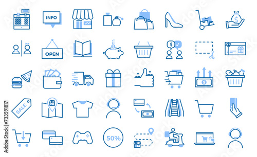 Marketing and retail icon set: 40 editable stroke vector icons for shopping, sales, and online commerce. Ideal for showcasing products, deals, and customer engagement in digital and physical stores.