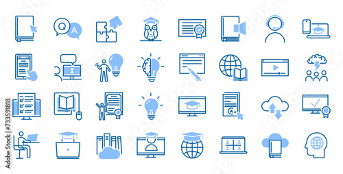 Online education icon set: 32 editable stroke vector icons for e-learning, digital classrooms, and remote study. Ideal for platforms, tutorials, and interactive learning experiences.