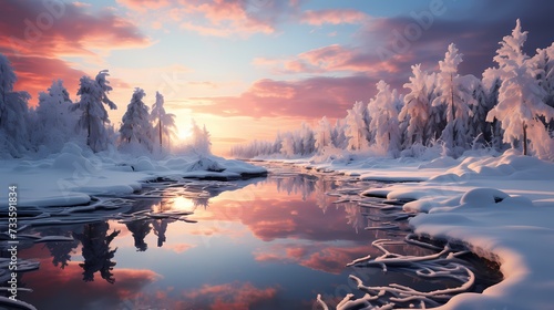 A frozen pond with swirling patterns of ice, reflecting the colors of the winter sky, surrounded by snow-covered trees and a sense of calm ©  ALLAH LOVE