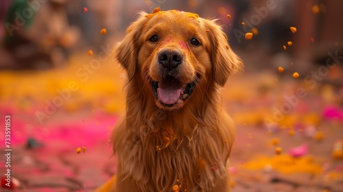 Golden Retriever Sitting on Ground Surrounded by Confetti