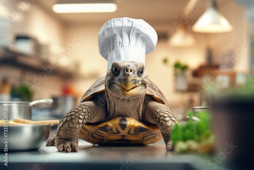 Turtle as a chef cook in a restaurant kitchen.