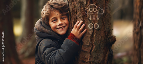 Net zero and carbon neutral concept. Child hugging a tree in the outdoor forest. global problem of carbon dioxide and global warming. Love of nature. greenhouse gas emissions target Climate neutral photo